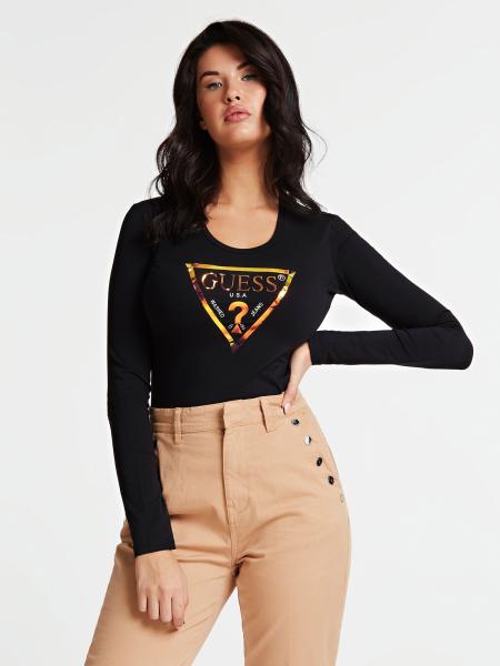 Guess Longsleeve, schwarz/Logo Holooptik